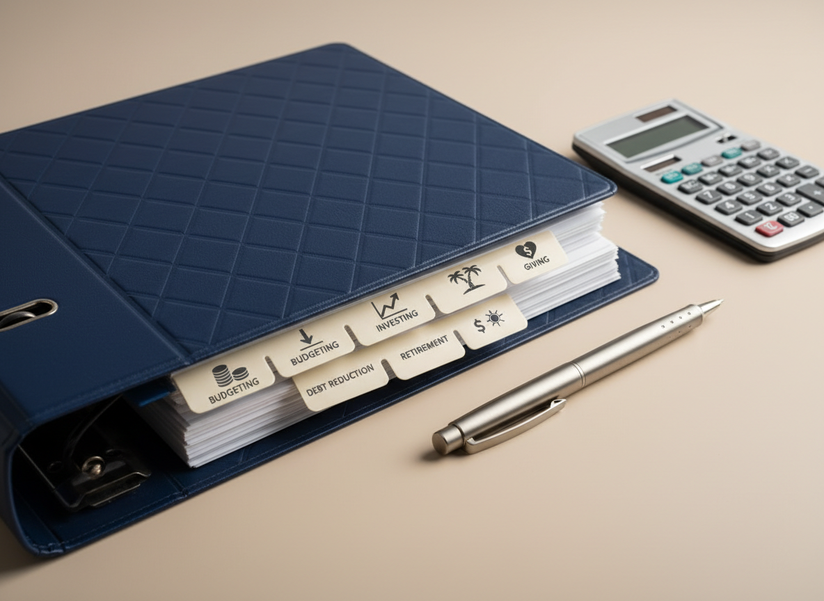 A close-up of a stylish, textured navy-blue binder embossed with a subtle geometric pattern, slightly opened to reveal neatly organized dividers labeled with small, icon-based tabs for budgeting, debt reduction, investing, retirement, and giving. Beside it lies a brushed metal pen and a slim calculator on a smooth, neutral-toned desk. Soft, directional studio lighting from the left creates a refined sheen on the binder’s surface and delicate shadows under the dividers. Photographic realism with a tight, centered composition and shallow depth of field emphasizes the binder as a comprehensive financial roadmap, suggesting organized, step-by-step coaching and strategy.