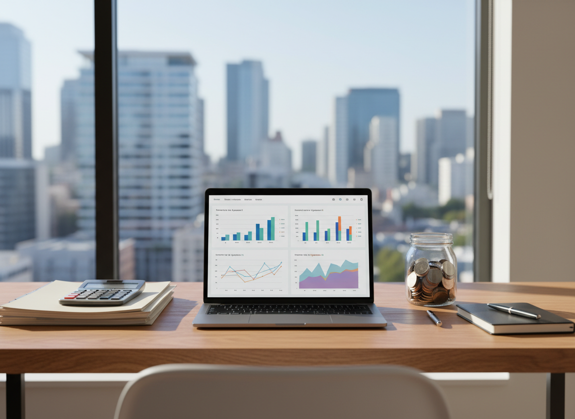 A meticulously organized wooden desk with a sleek, modern laptop displaying a colorful financial dashboard of charts and graphs, surrounded by neatly stacked documents, a silver calculator, and a glass jar half-filled with assorted coins. The desk sits in a bright, minimalist home office with a large window revealing a soft-focus cityscape. Late-morning natural light pours in, creating gentle reflections on the laptop screen and subtle shadows along the grain of the wood. Photographic realism at eye level, with a shallow depth of field that keeps the workspace in crisp focus while softly blurring the background, conveying clarity, calm, and professional financial guidance.