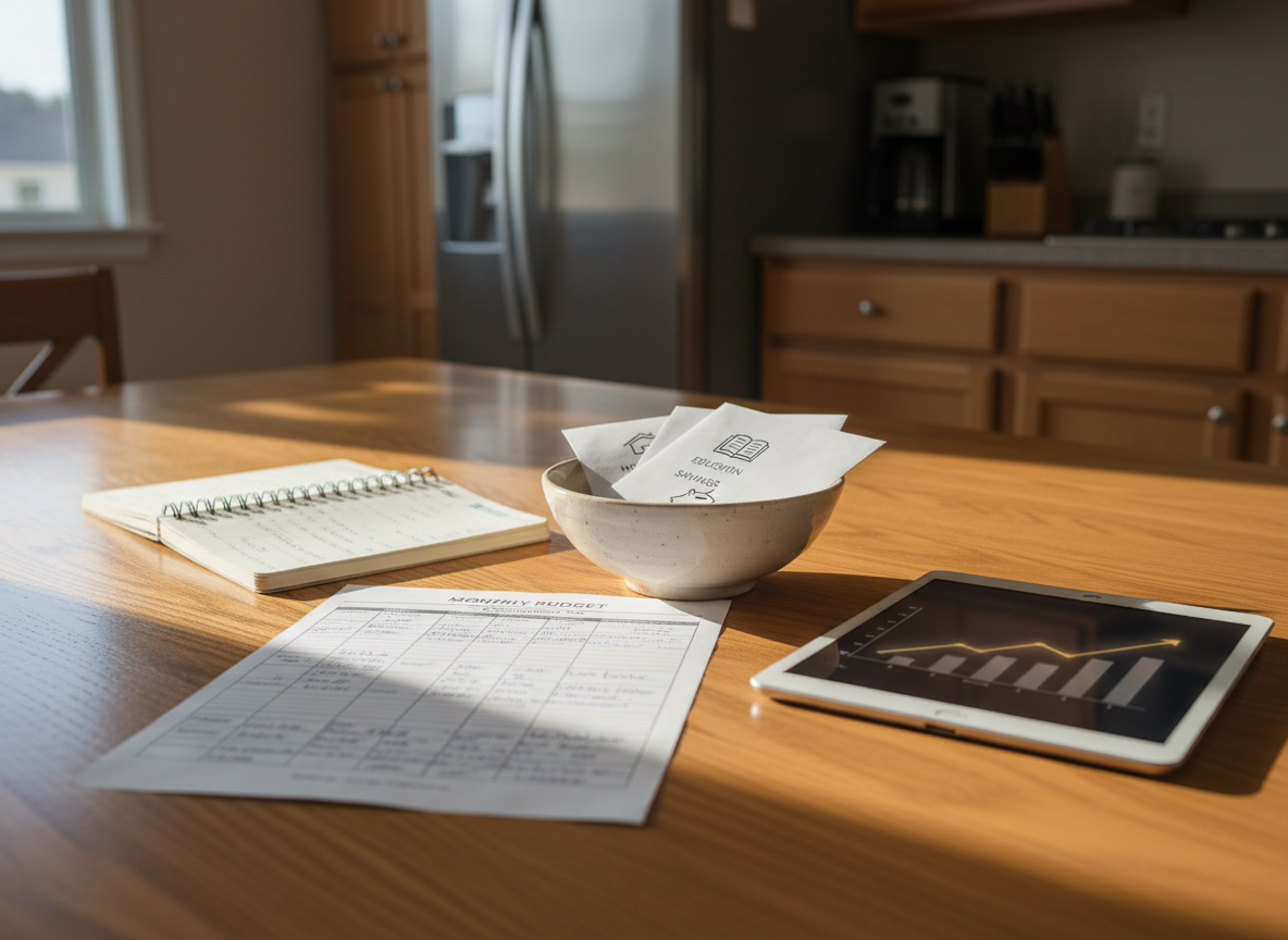A cozy kitchen table scene featuring a smooth oak surface with a detailed monthly budget worksheet, an open planner, and a simple ceramic bowl filled with neatly stacked envelopes labeled with subtle icons for housing, education, and savings. A tablet nearby shows a long-term investment growth curve. Soft afternoon sunlight filters through a nearby window, casting warm, gentle shadows and highlighting the paper textures. Photographic realism with a slightly elevated, three-quarter view captures the entire tabletop in focus, while the background kitchen cabinets and appliances are tastefully blurred, evoking a sense of real-world, practical family financial planning.