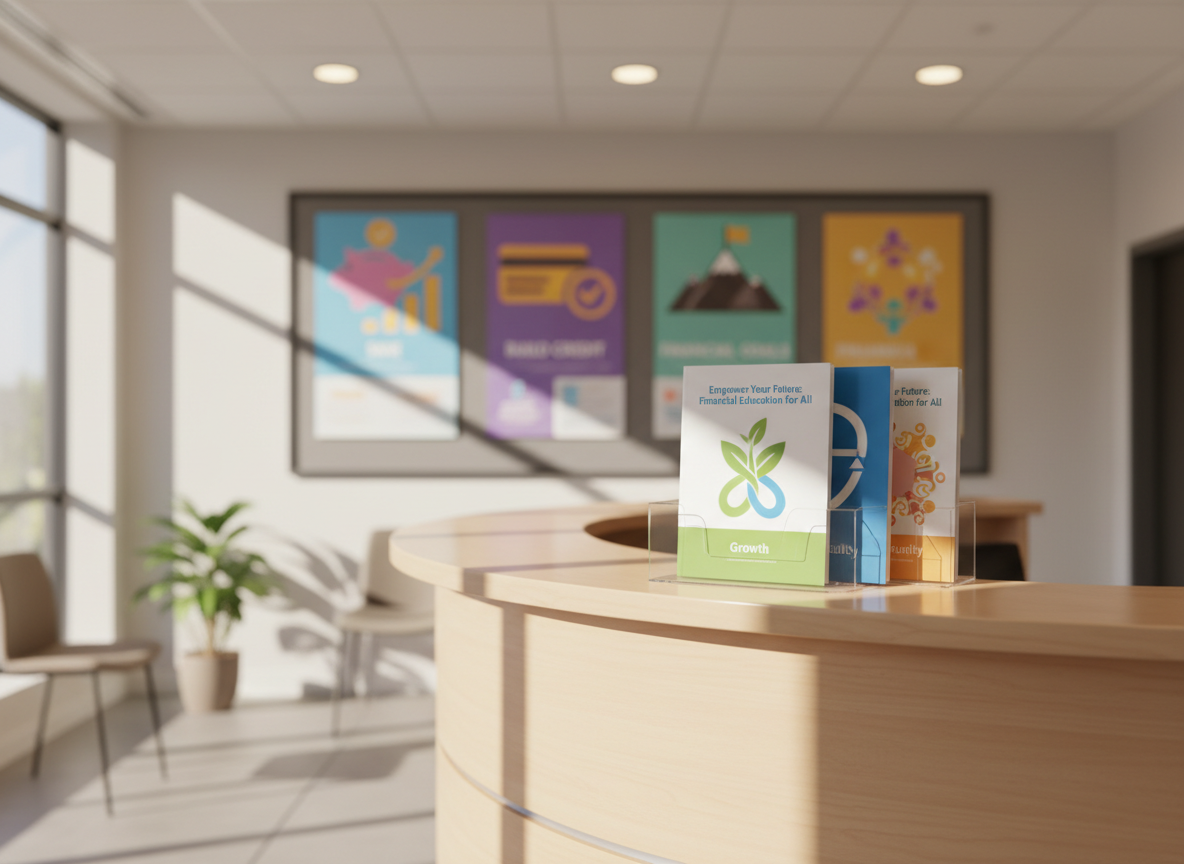 A bright nonprofit office reception area with a light wood counter displaying a clear acrylic stand holding a beautifully designed financial education brochure set, each cover featuring abstract symbols of growth, stability, and community. Behind the counter, a blurred bulletin board shows colorful, icon-based posters about saving, credit, and financial goals. Natural daylight streams through large windows, complemented by soft ceiling lights that create a welcoming, hopeful atmosphere. Photographic realism from an eye-level, slightly angled view keeps the brochures in sharp focus while gently blurring the surroundings, symbolizing accessible financial guidance for community organizations.