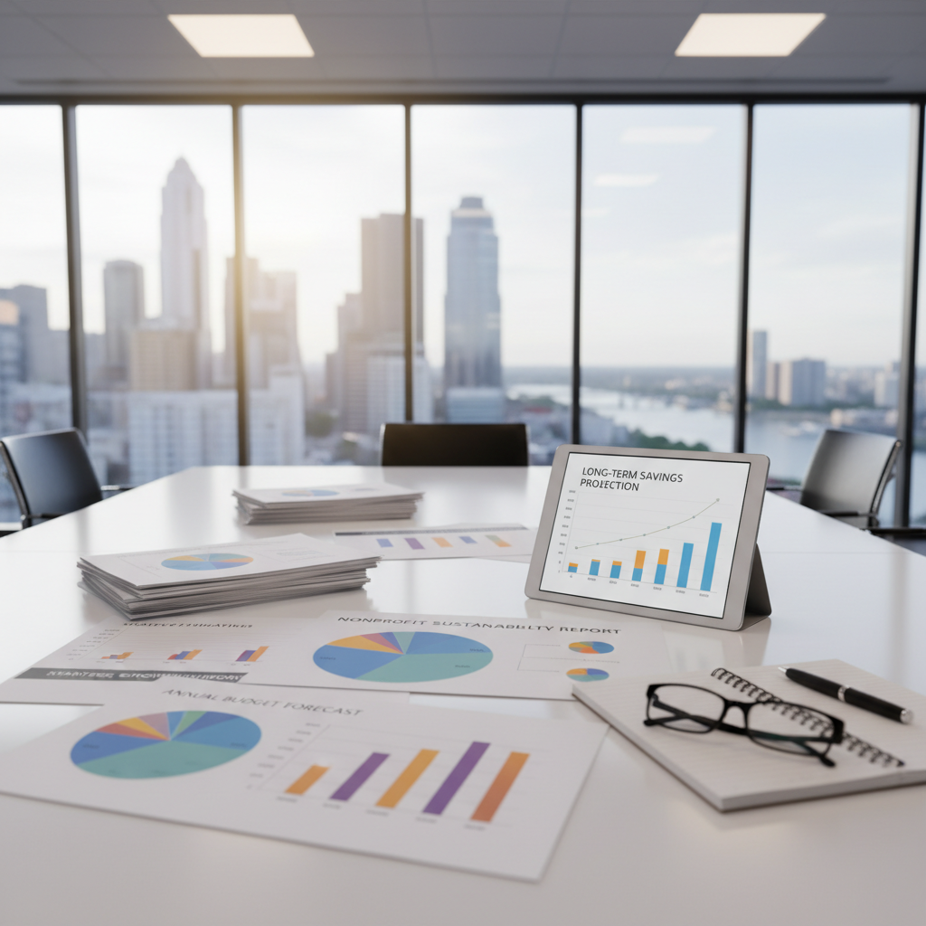 A clean white conference table spread with printed financial plans, color-coded pie charts, and bar graphs, alongside a tablet showing a long-term savings projection. A pair of reading glasses rests on an open notebook with a neatly placed pen. The room is a contemporary meeting space with glass walls and a view of an urban skyline in soft blur. Warm overhead office lighting combines with diffused daylight, creating a bright, professional atmosphere. Shot from a slightly elevated angle with sharp focus across the documents, the photographic image suggests structured education and strategic financial planning for organizations and nonprofits.