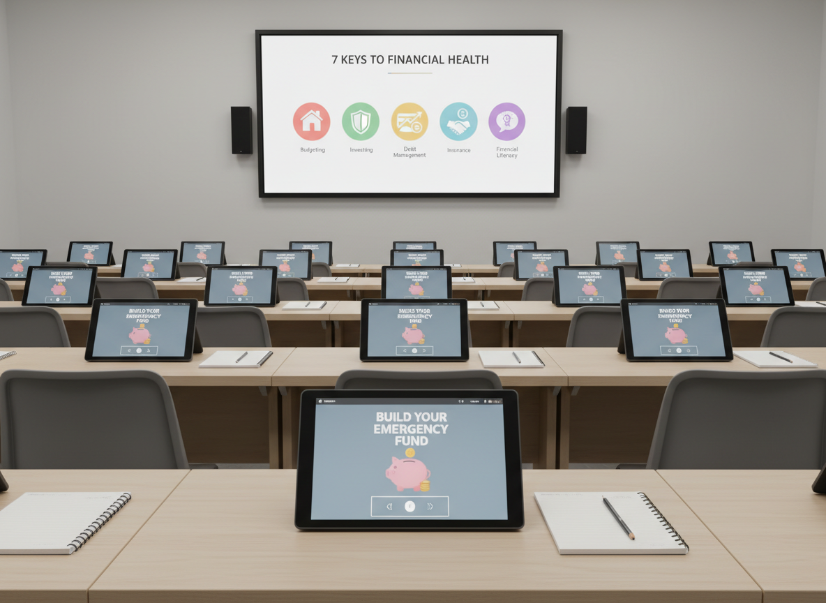 A modern classroom environment with rows of light wood desks, each topped with a slim tablet screen paused on an illustrated lesson about building an emergency fund, plus a simple notebook and pencil arranged neatly. At the front, a large wall-mounted screen displays a clean, colorful infographic about the "7 keys" to financial health interpreted as seven distinct icons. Soft, evenly distributed overhead lighting ensures no harsh shadows, creating a bright, focused atmosphere. Captured from the back of the room at eye level, the photographic image has sharp focus throughout, conveying structured financial education for schools and community programs.