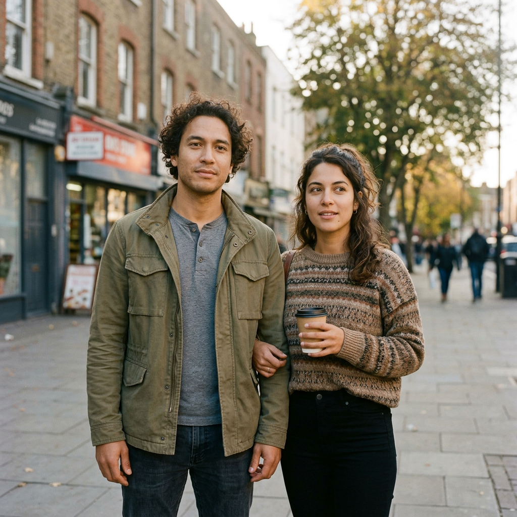 Happy woman with curly hair wearing an olive jacket and patterned sweater standing outdoors on a sidewalk