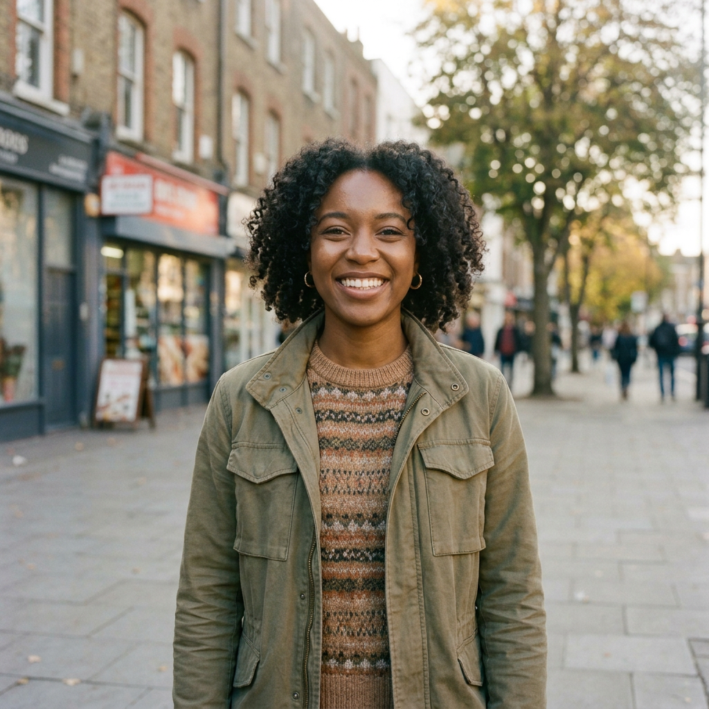 Happy woman with curly hair wearing an olive jacket and patterned sweater standing outdoors on a sidewalk